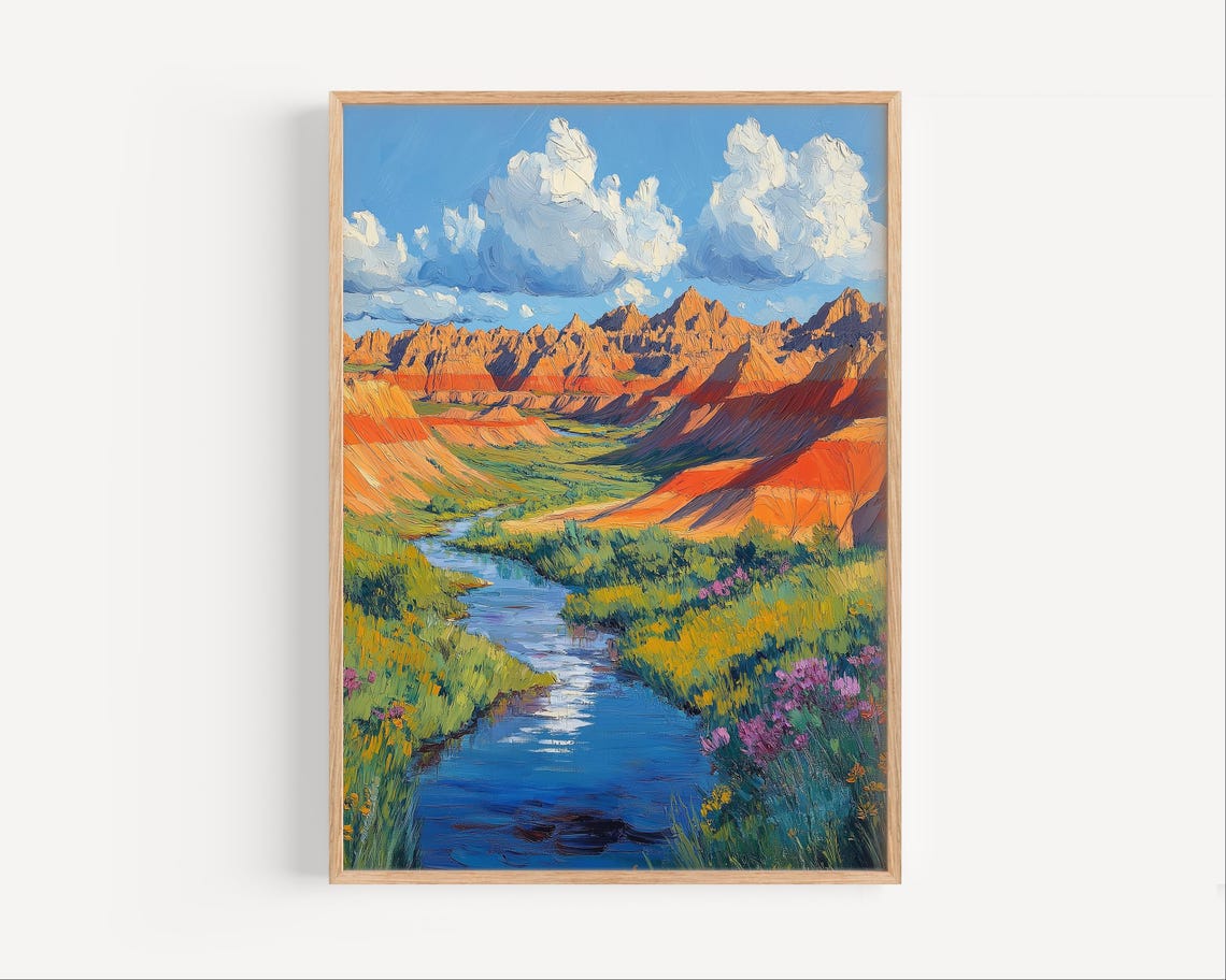 Red Rock Desert Canyon With River Vibrant Oil Painting Poster