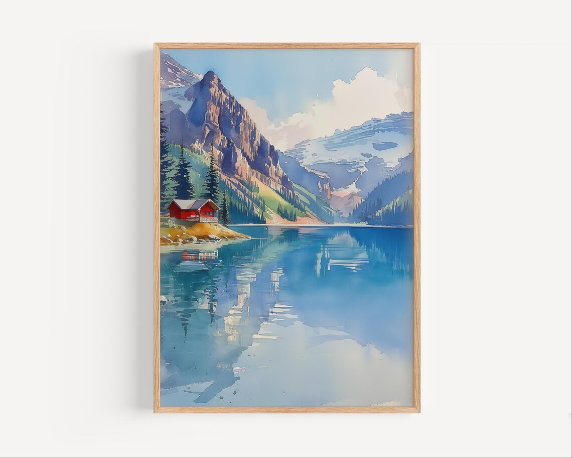 Lake Louise Alberta Red Boathouse Mountain Watercolor Poster