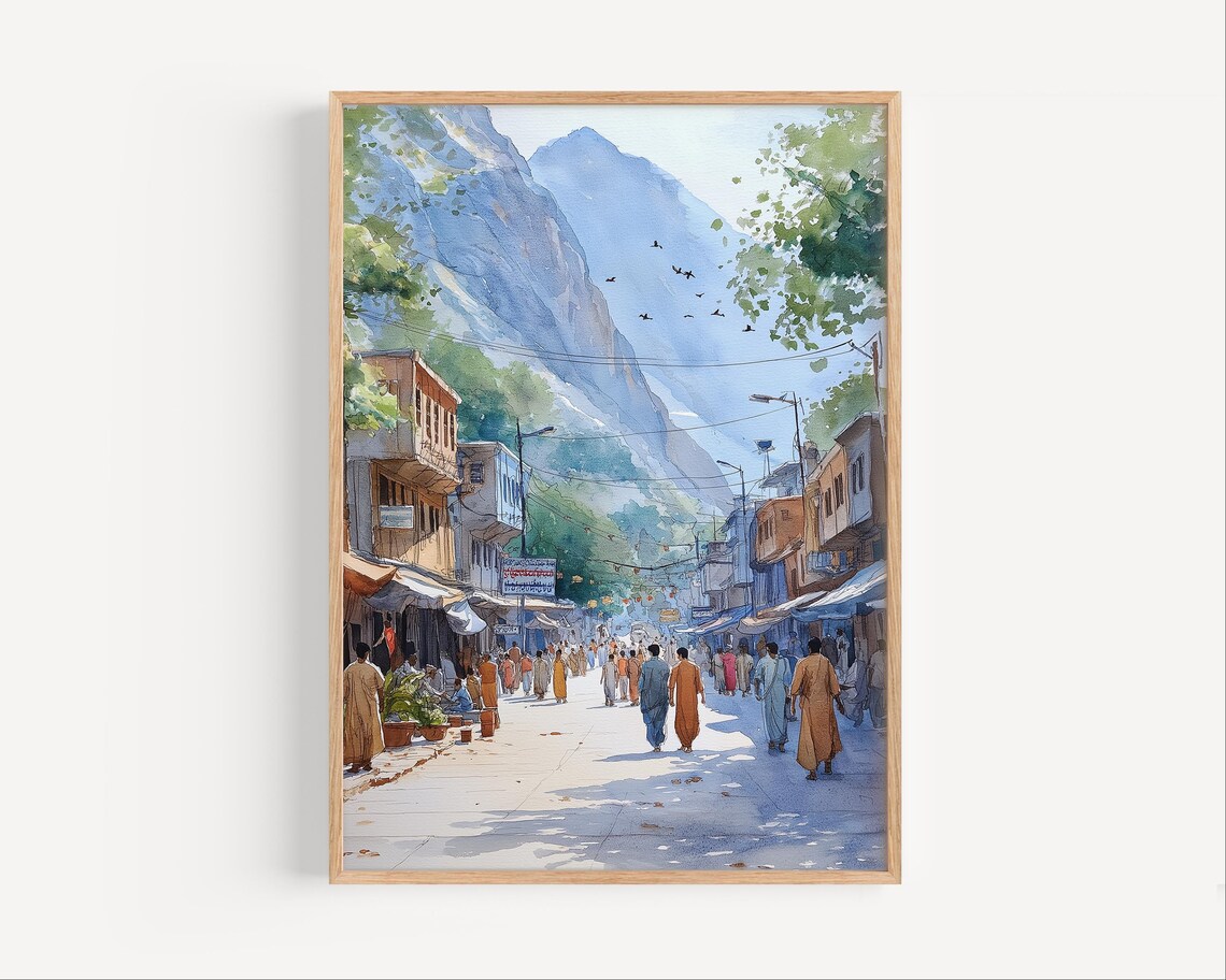 Himalayan Mountain Town Travel Watercolor Busy Street Scene Art Print