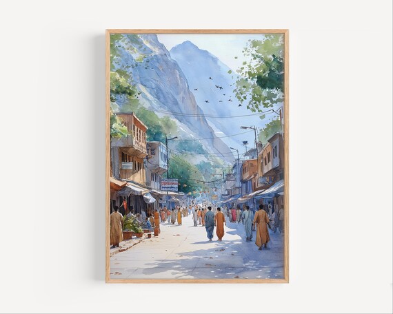 Rawalpindi Pakistan Watercolor Painting Bustling Busy City Street Poster Print Or Canvas Travel Wall Art Gift South Asia Cityscape