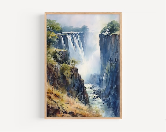 Majestic Waterfall Gorge Mist Watercolor Landscape Scene Poster