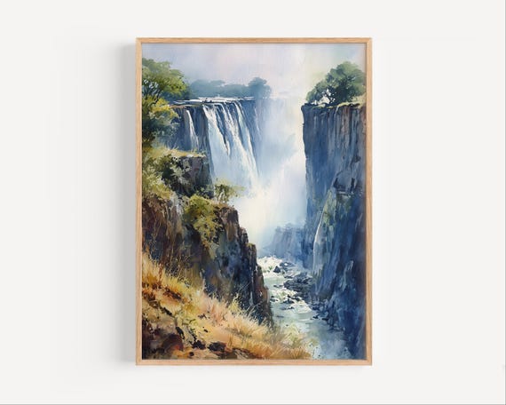Zambia Waterfall Watercolor Painting Print African Wall Art Africa Nature Decor