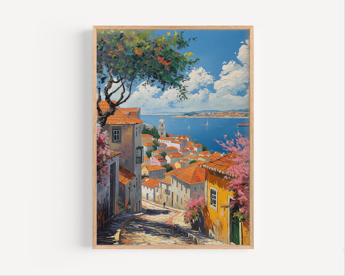 Lisbon Portugal Old Town Street Oil Painting Cityscape Poster