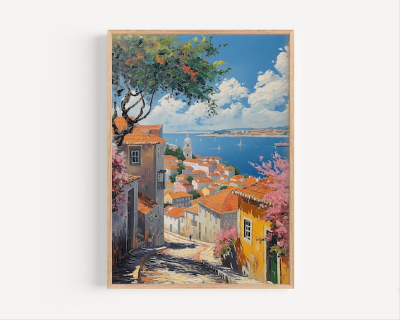Lisbon Portugal Old Town Street Oil Painting Cityscape Poster