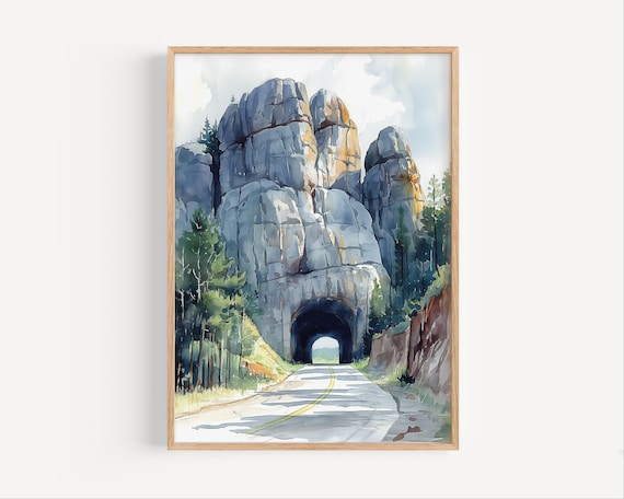 Needles Highway Rock Tunnel Watercolor Painting South Dakota Travel Poster