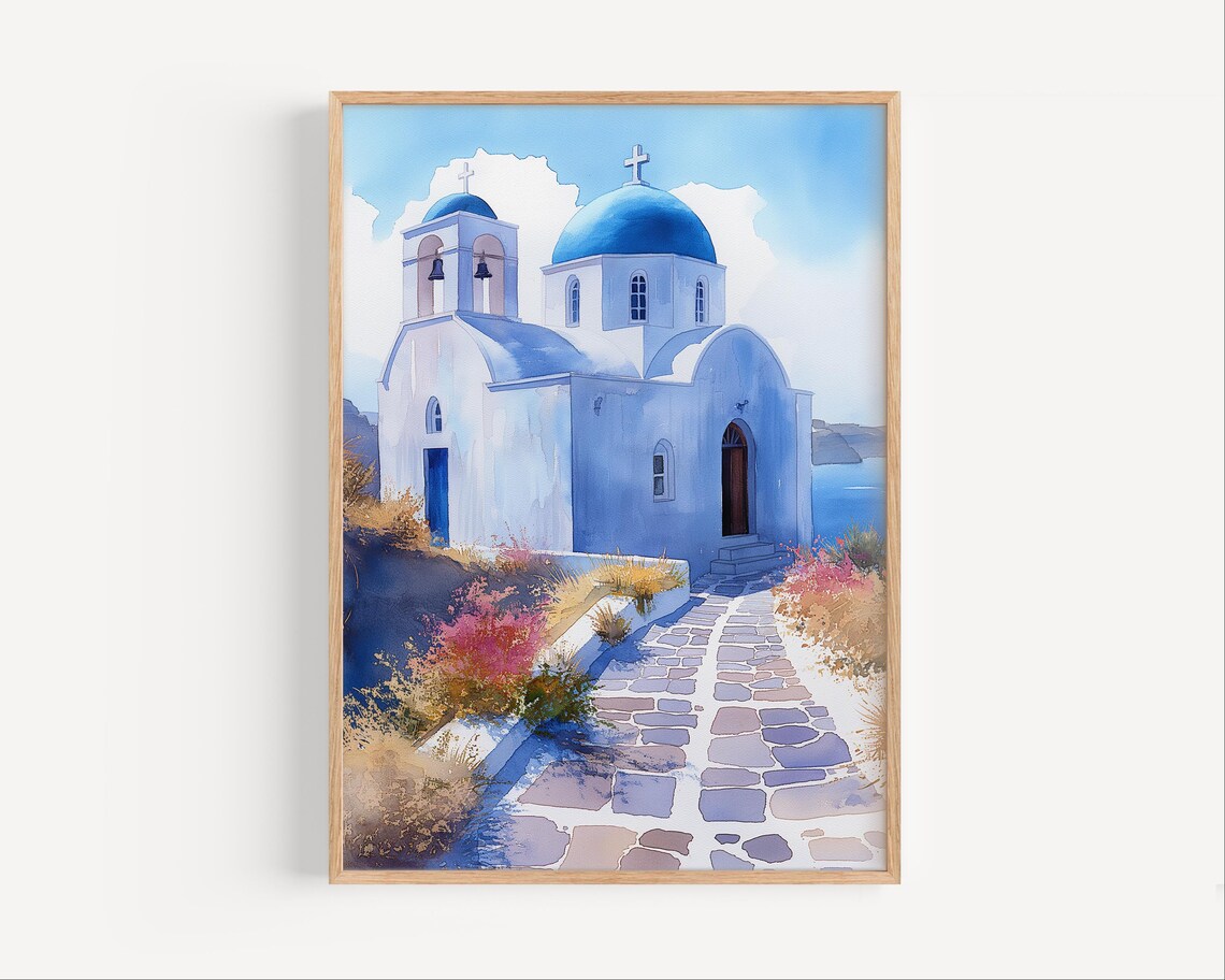Beautiful Greek Island White Church Blue Dome Watercolor Poster