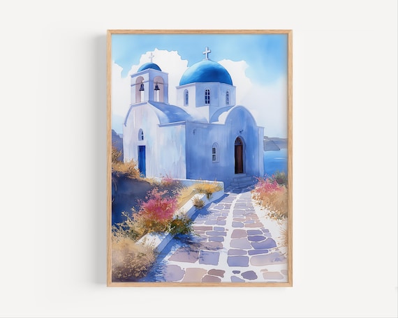 Beautiful Greek Island White Church Blue Dome Watercolor Poster