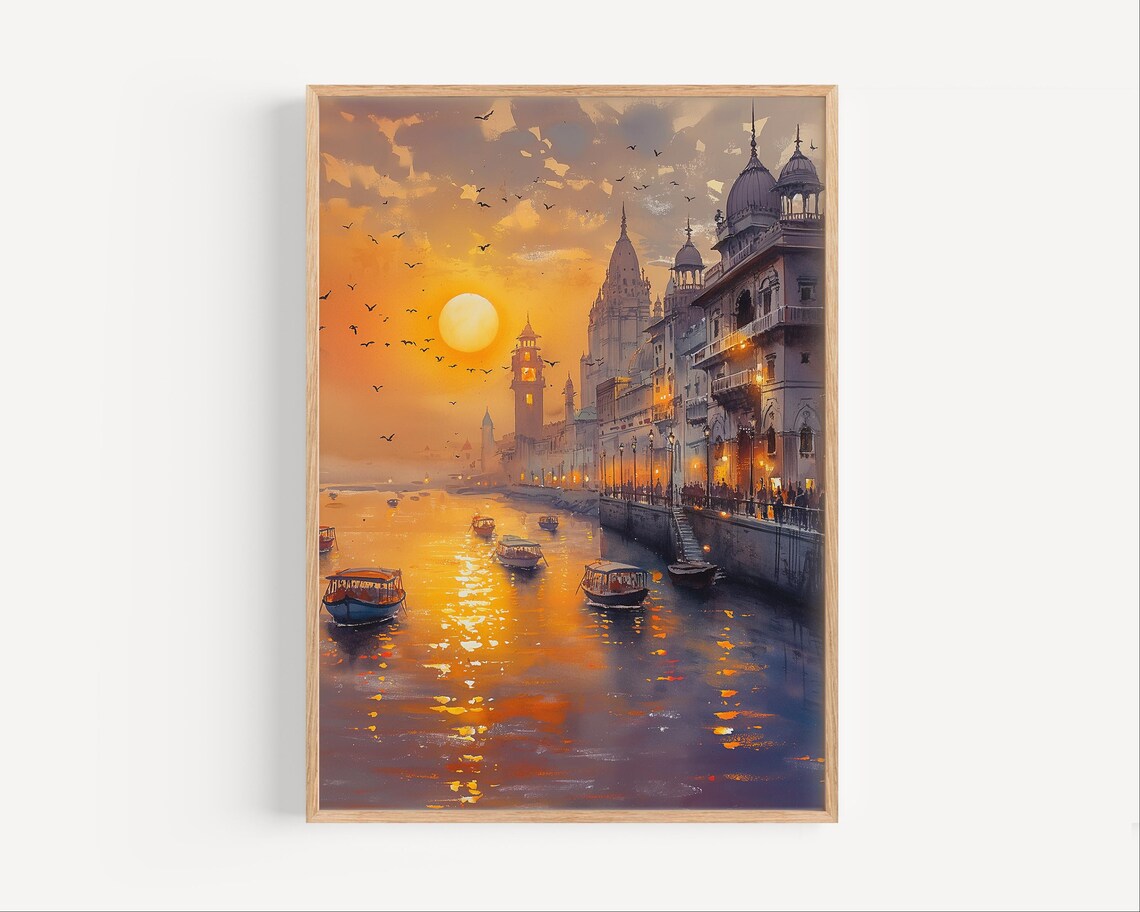 Varanasi Ganges River Sunrise Golden Temples Boats Art Poster