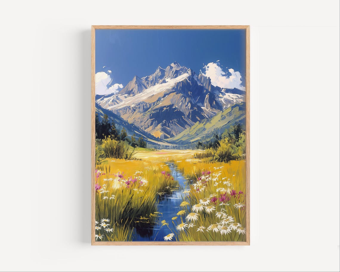 Snowy Mountain Peak Wildflower Meadow Stream Summer Travel Poster