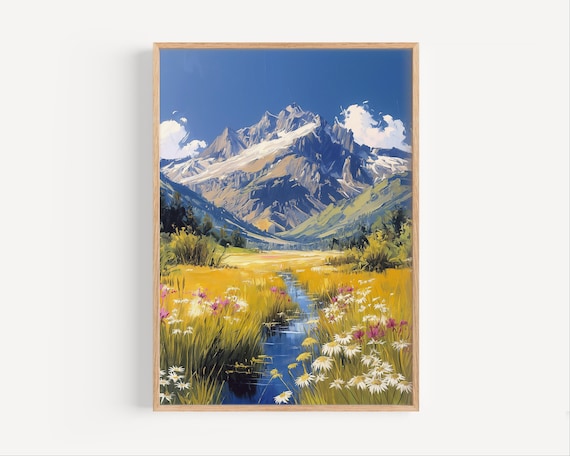 Snowy Mountain Peak Wildflower Meadow Stream Summer Travel Poster