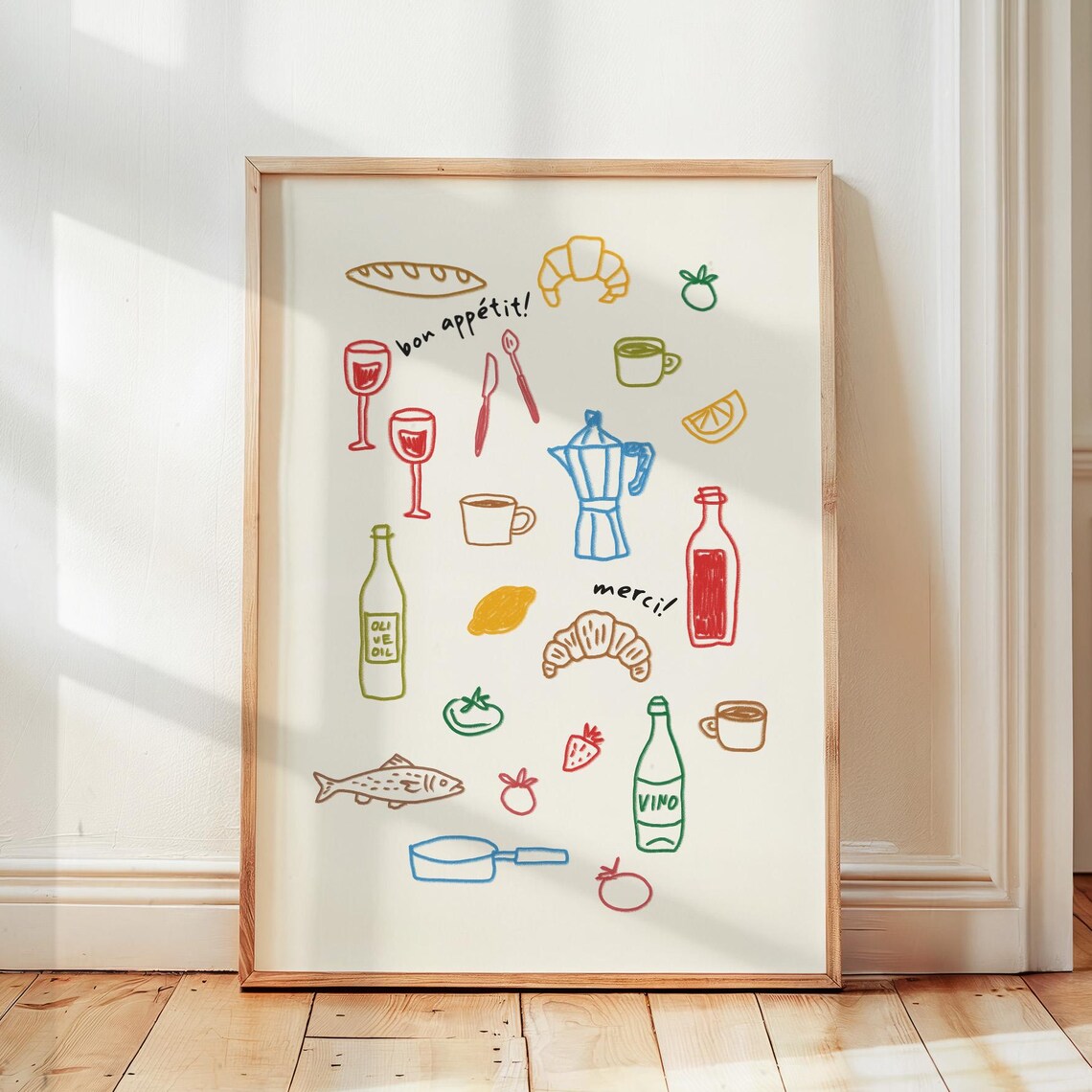 Bon Appetit French Food Doodle Retro Kitchen Illustration Print