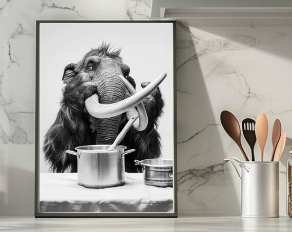 Funny Mammoth Poster Mammoth Cooking Humorous Wall Decor Gift For Chefs Kitchen Art Animal Lovers