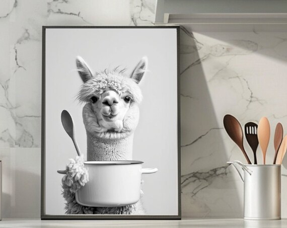 Funny Alpaca Cooking with a White Pot and Wooden Spoon Poster