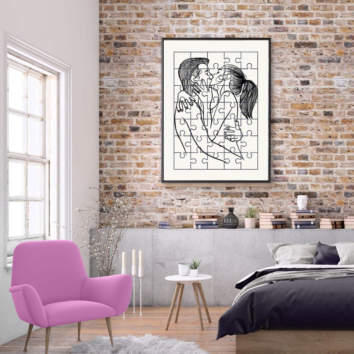 Passionate Couple Puzzle Kiss Line Art Romantic Black White Poster - Image 3