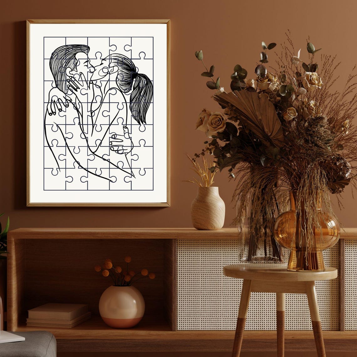 Passionate Couple Puzzle Kiss Line Art Romantic Black White Poster - Image 4