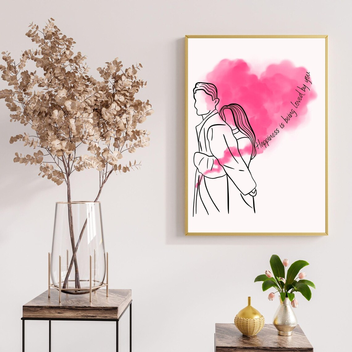 Happiness Is Being Loved By You Couple Line Art Pink Heart Wall Poster