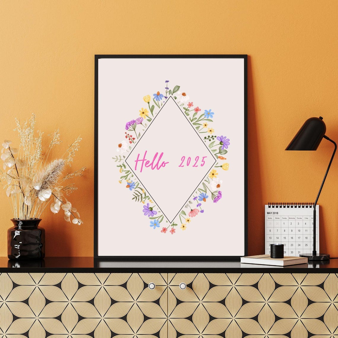 Hello 2025 Pink Script Floral Diamond Frame New Year Wall Art Poster