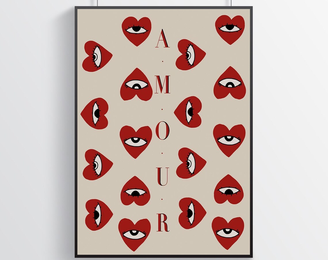 Amour Eye Heart Pattern Surreal French Love Typography Poster