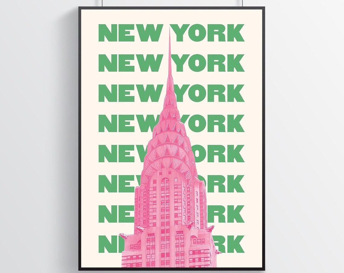 New York Chrysler Building Pink Skyline Green Type Travel Poster