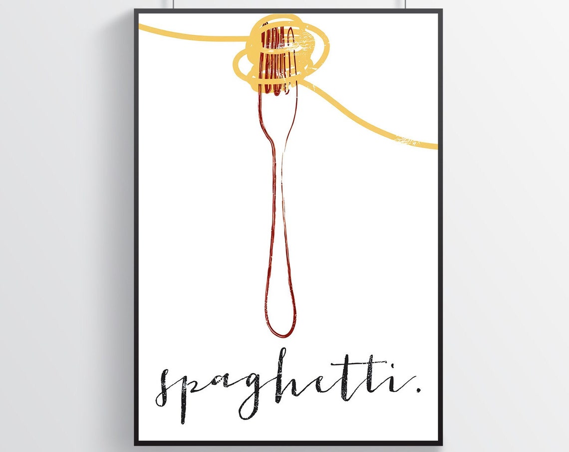 Minimalist Spaghetti Fork Twirl Script Typography Kitchen Art Poster