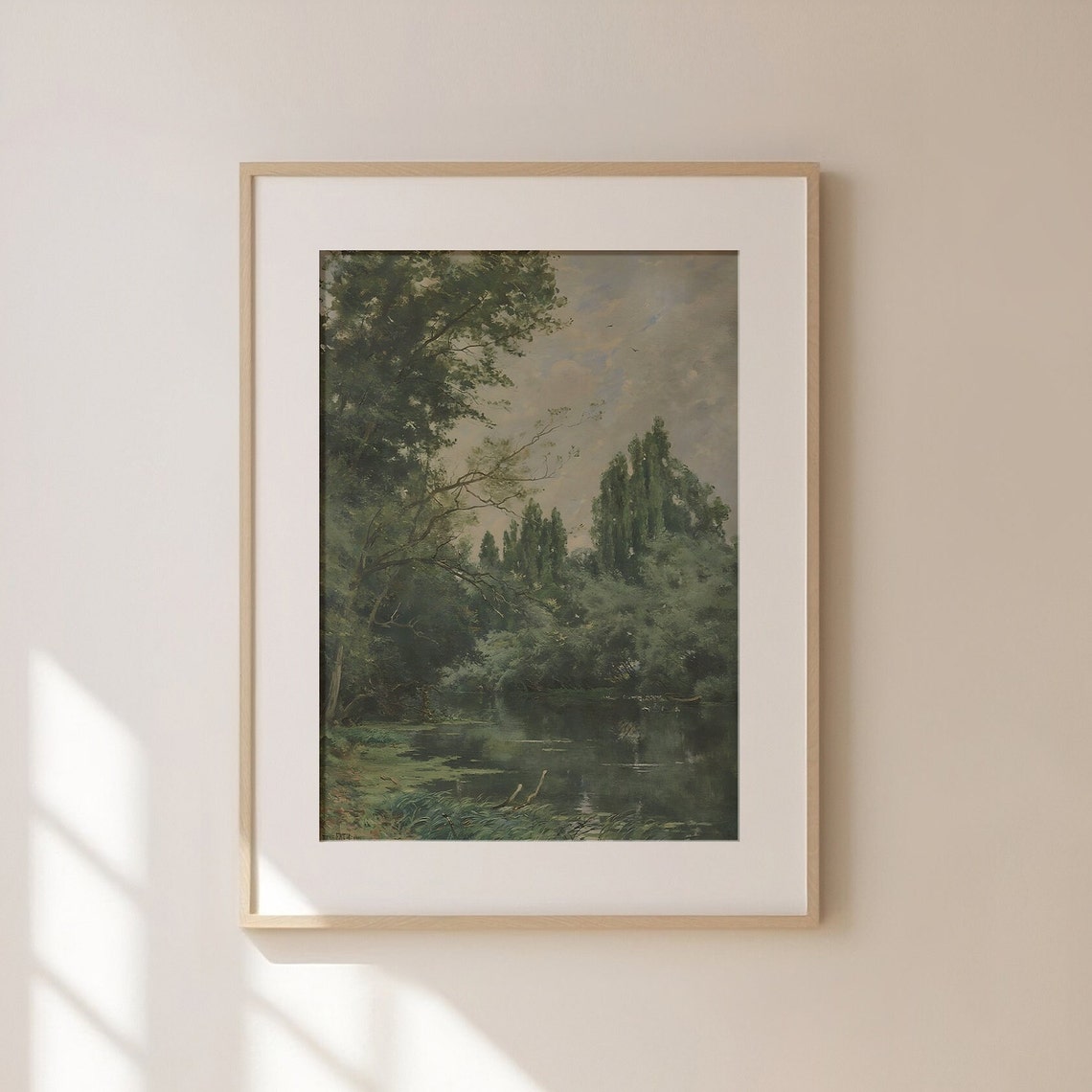 Lush Green Forest Pond Vintage Landscape Oil Painting Wall Art - Image 3