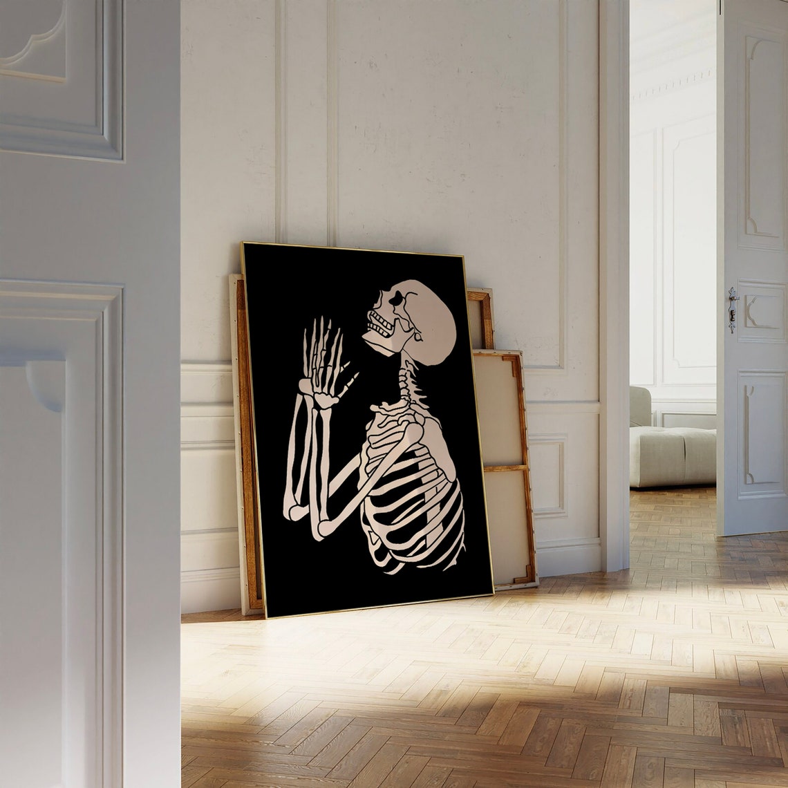Laughing Skeleton White on Black Bold Halloween Statement Poster - Image 3