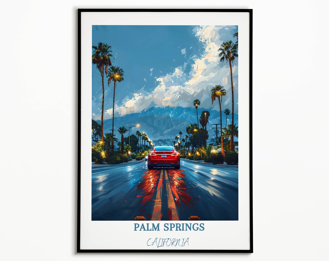 Red Electric Car On Wet Palm Lined Road In Palm Springs Poster