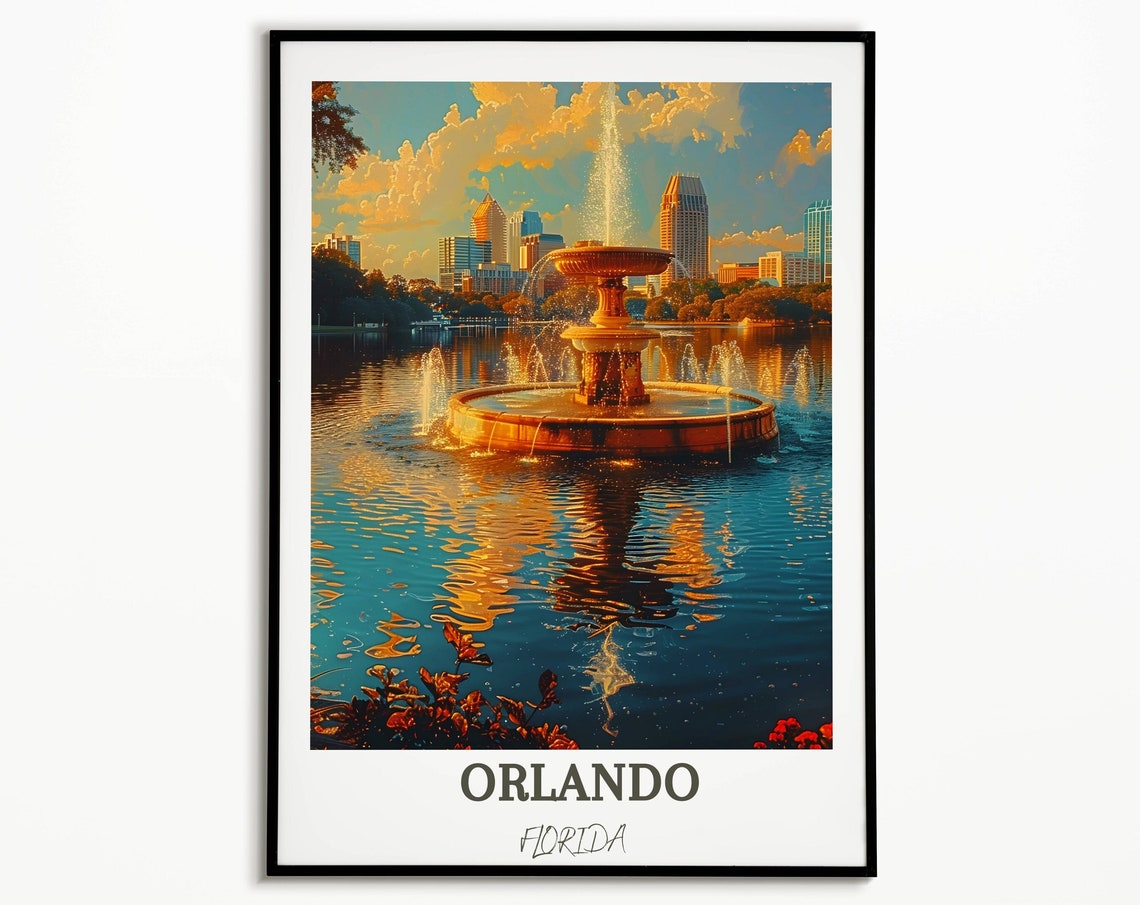 Lake Eola Park Fountain Sunset Glow Over Orlando Florida Poster