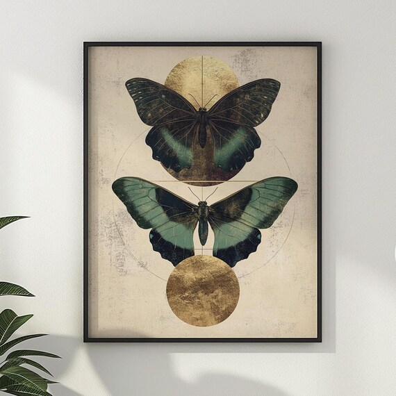 Twin Emerald Butterflies and Gold Moons Vintage Botanical Poster