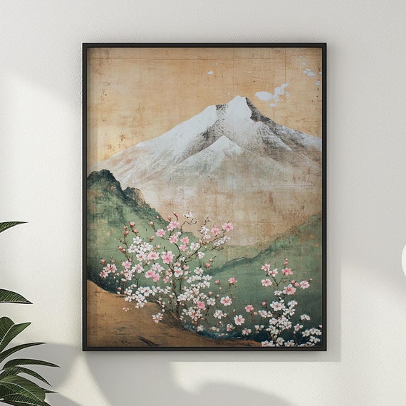 Vintage Japandi Wall Art Japanese Asian Chinese Artwork Sakura Cherry Blossom Mountain Landscape Wall Decor Gift
