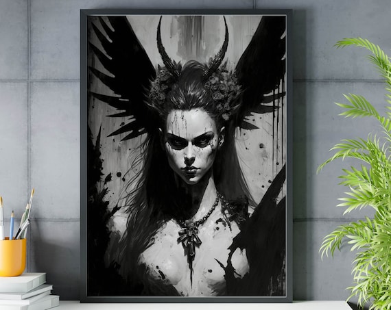 Black Dark Winged Demon Queen Horns Gothic Fantasy Art Poster