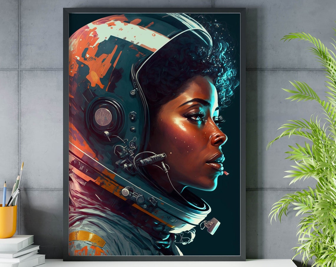 Retro Female Astronaut Helmet Portrait Outer Space Art Poster