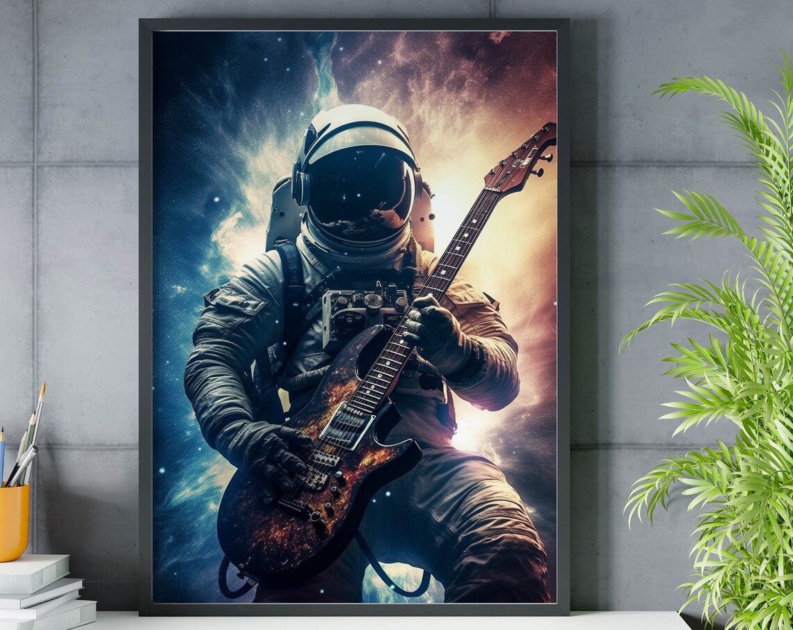 Astronaut Guitarist Holding Electric Guitar in Starry Nebula Poster