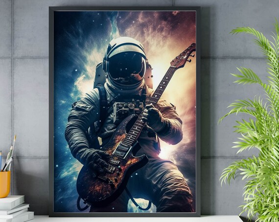 Astronaut Guitarist Holding Electric Guitar in Starry Nebula Poster