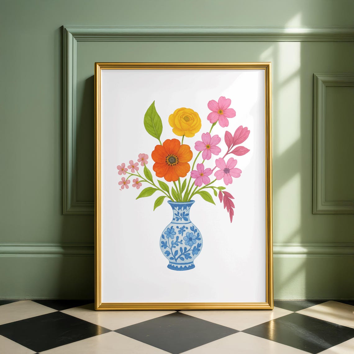 Vibrant Floral Watercolor in Chinoiserie Blue Porcelain Vase Poster