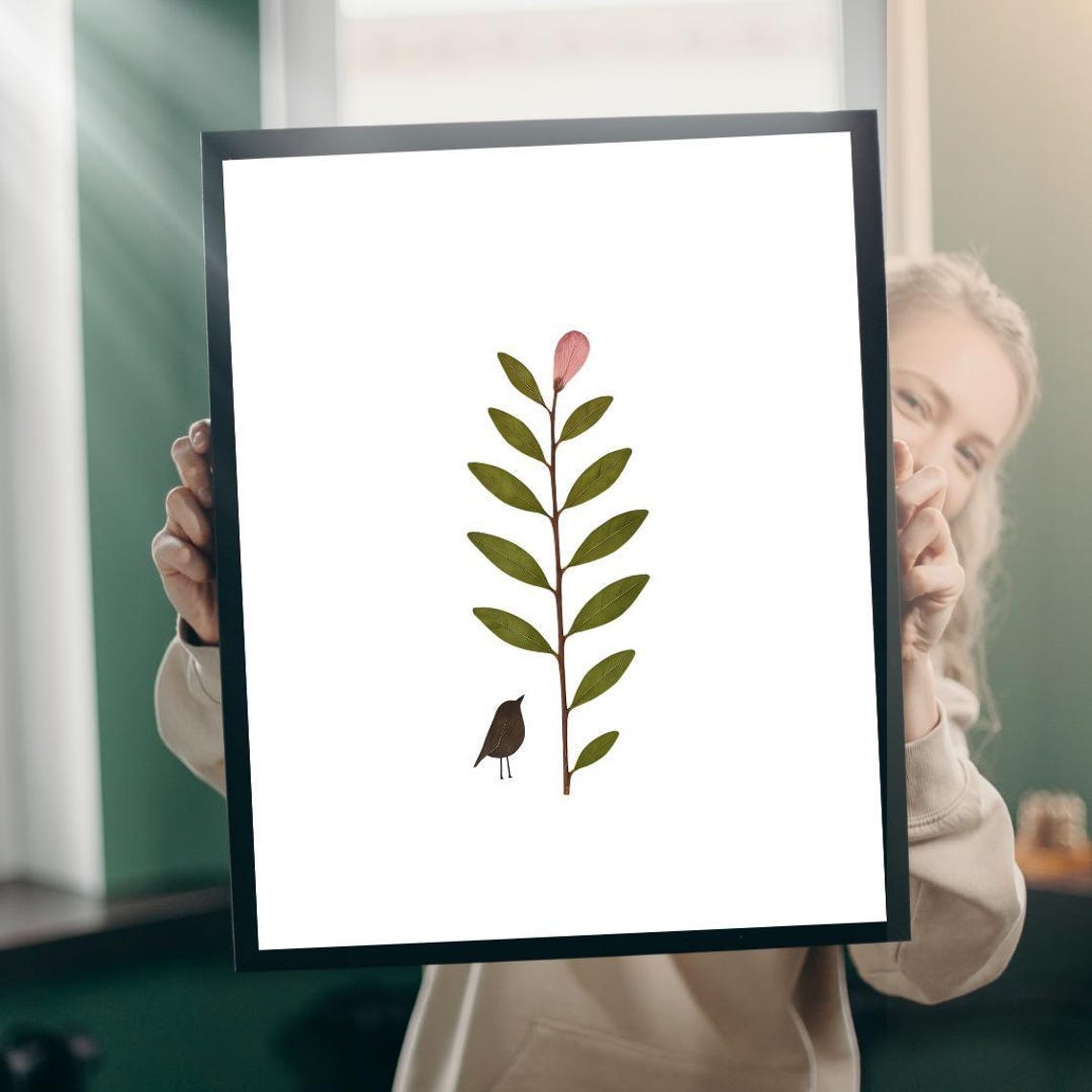 Pressed Leaf Branch with Tiny Bird Vintage Herbarium Botanical Poster