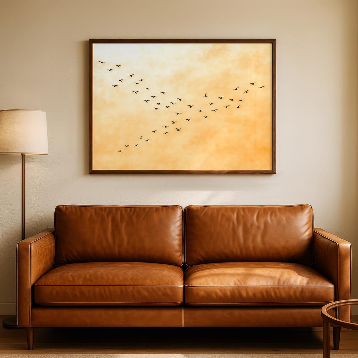 Flock of Birds Golden Sunset Sky Minimalist Watercolor Poster