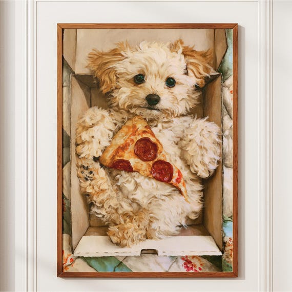 Maltipoo Pizza Art Print Funny Dog Eating Wall Cavapoo Vintage Oil Painting Kitchen Decor Cute Lover Gift Poster Home