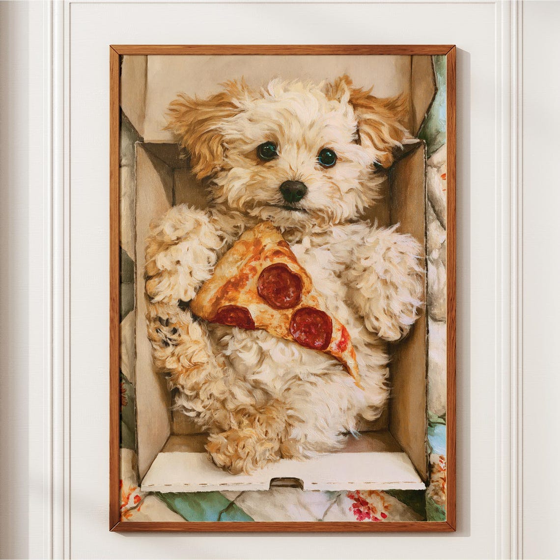 Fluffy Puppy with Pepperoni Pizza in Box Cute Dog Art Poster