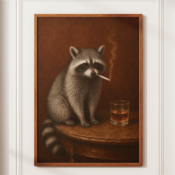 Smoking Raccoon Wall Art Funny Animal Portrait Vintage Poster Dark Academia Decor Whiskey Print Home Gift For Him