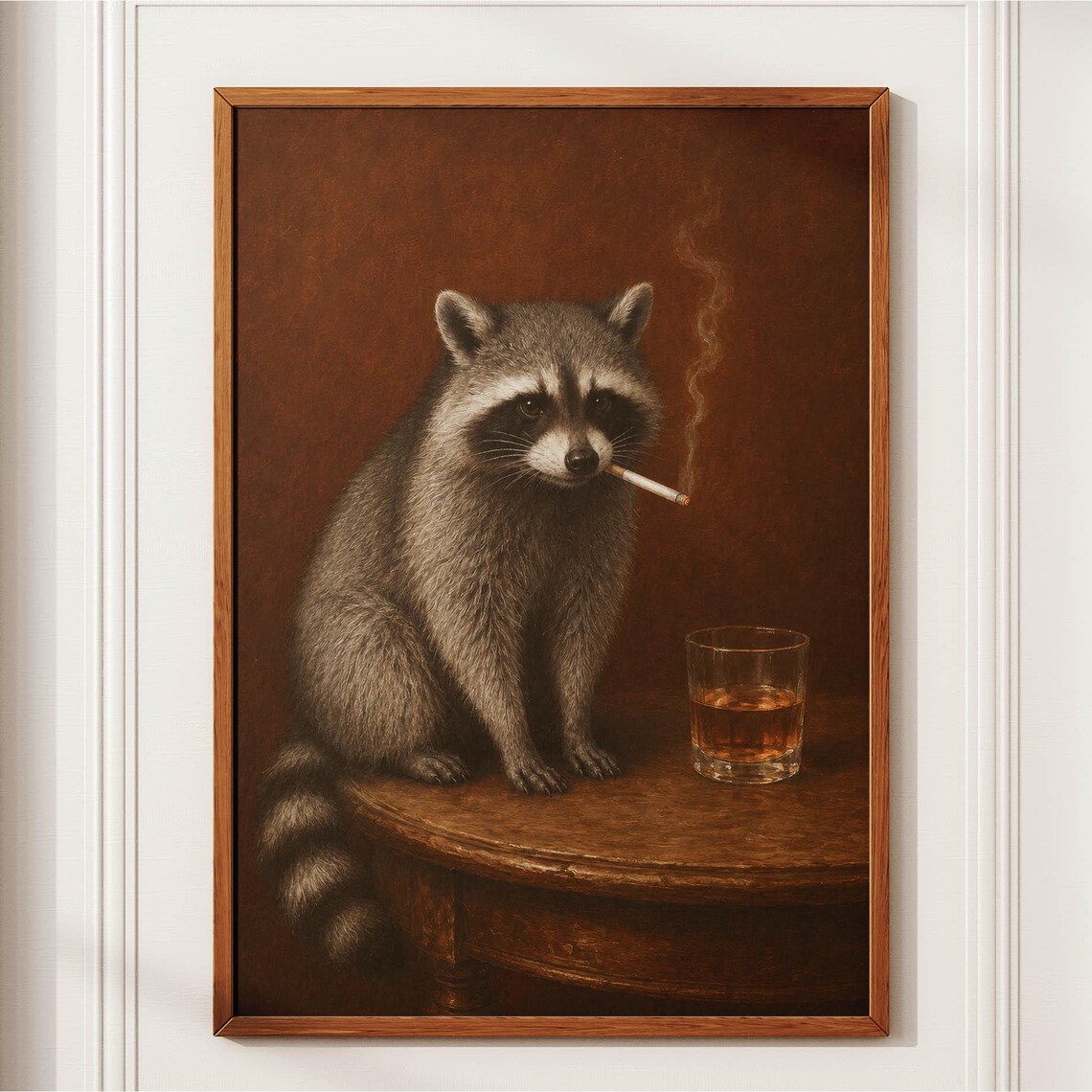Raccoon Smoking Cigar Whiskey Glass Moody Oil Painting Animal Poster