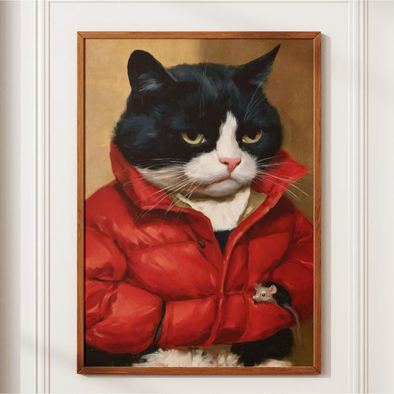 Grumpy Tuxedo Cat In Red Puffer Jacket Funny Vintage Oil Painting Wall Art Quirky Eclectic Maximalist Home Decor Lover Gift