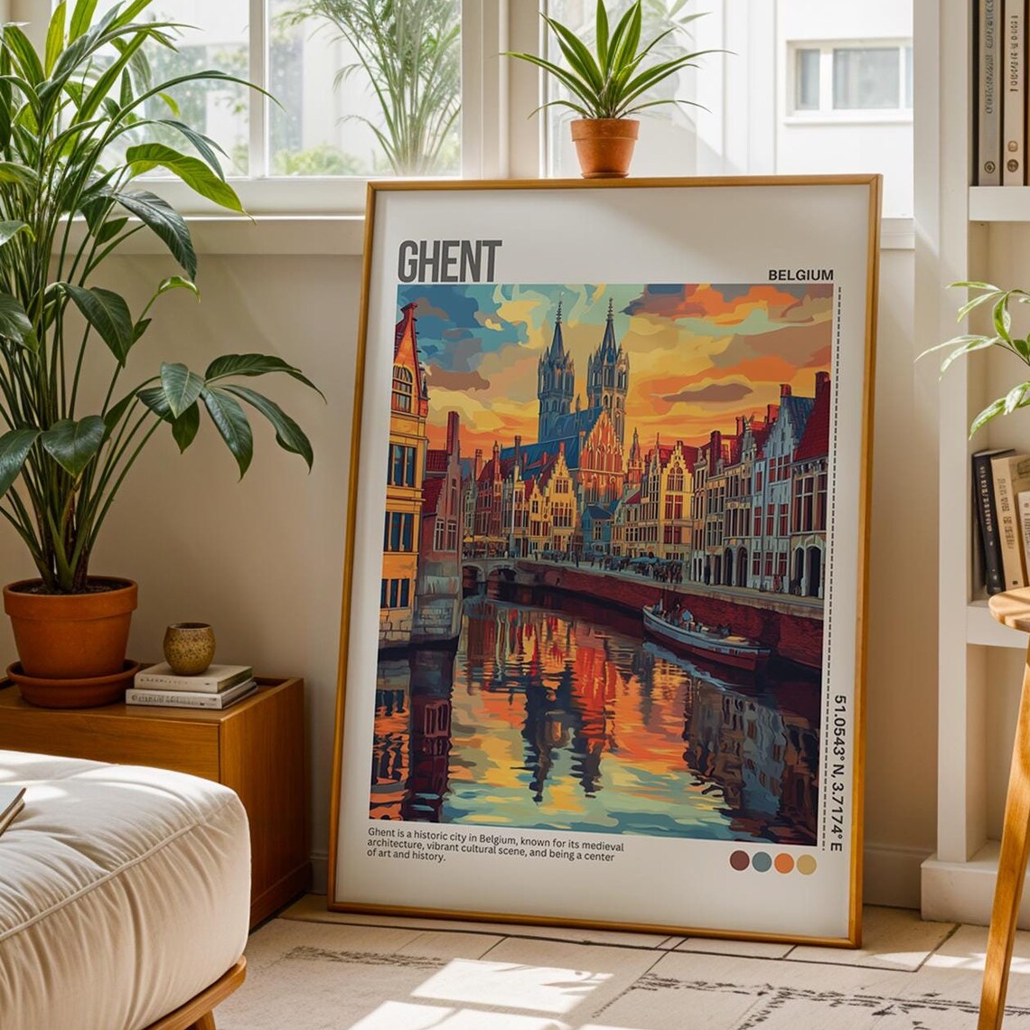 Ghent Belgium Old Town Canal Sunset Medieval Skyline Travel Poster