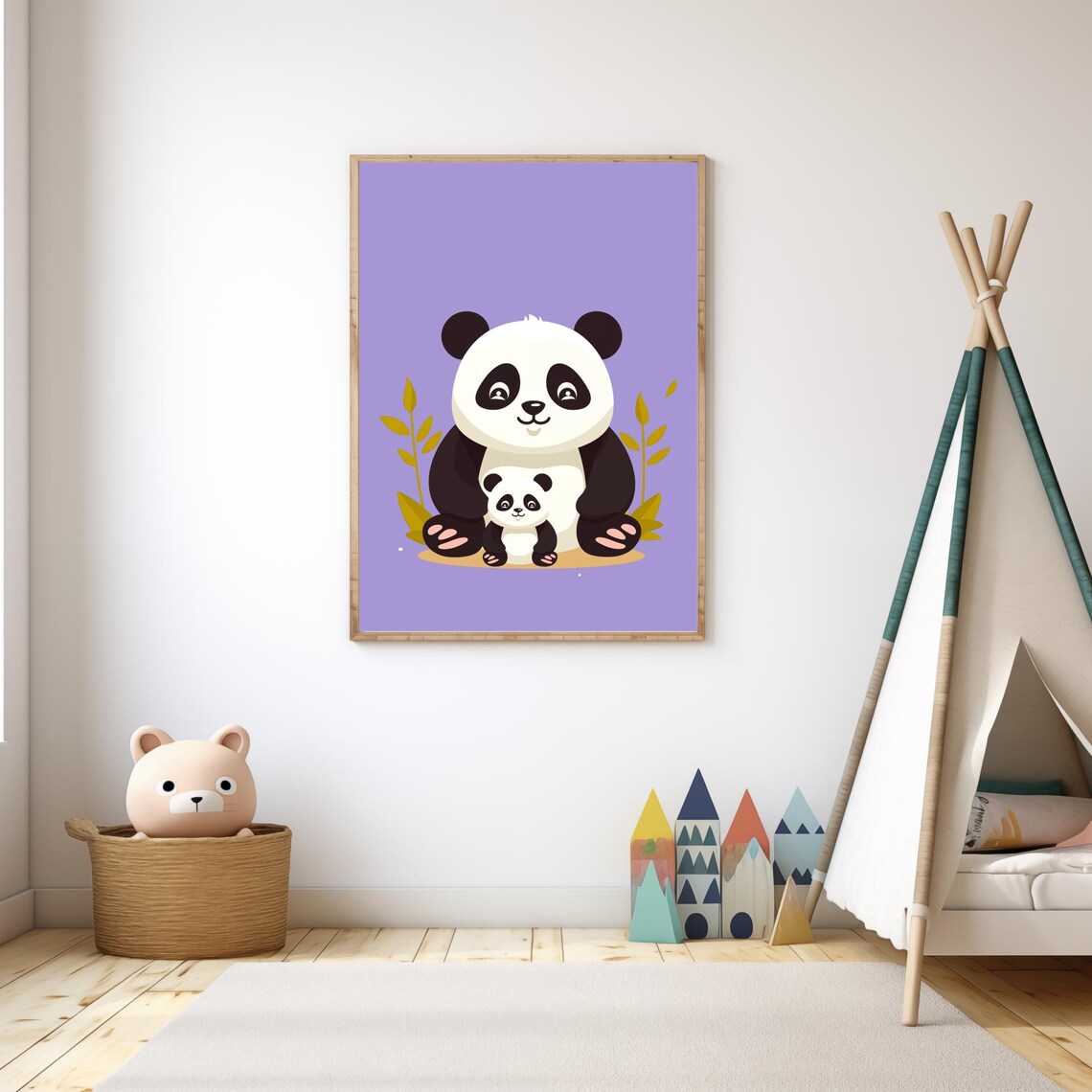 Mommy And Baby Panda With Bamboo Purple Nursery Wall Art Poster - Image 3