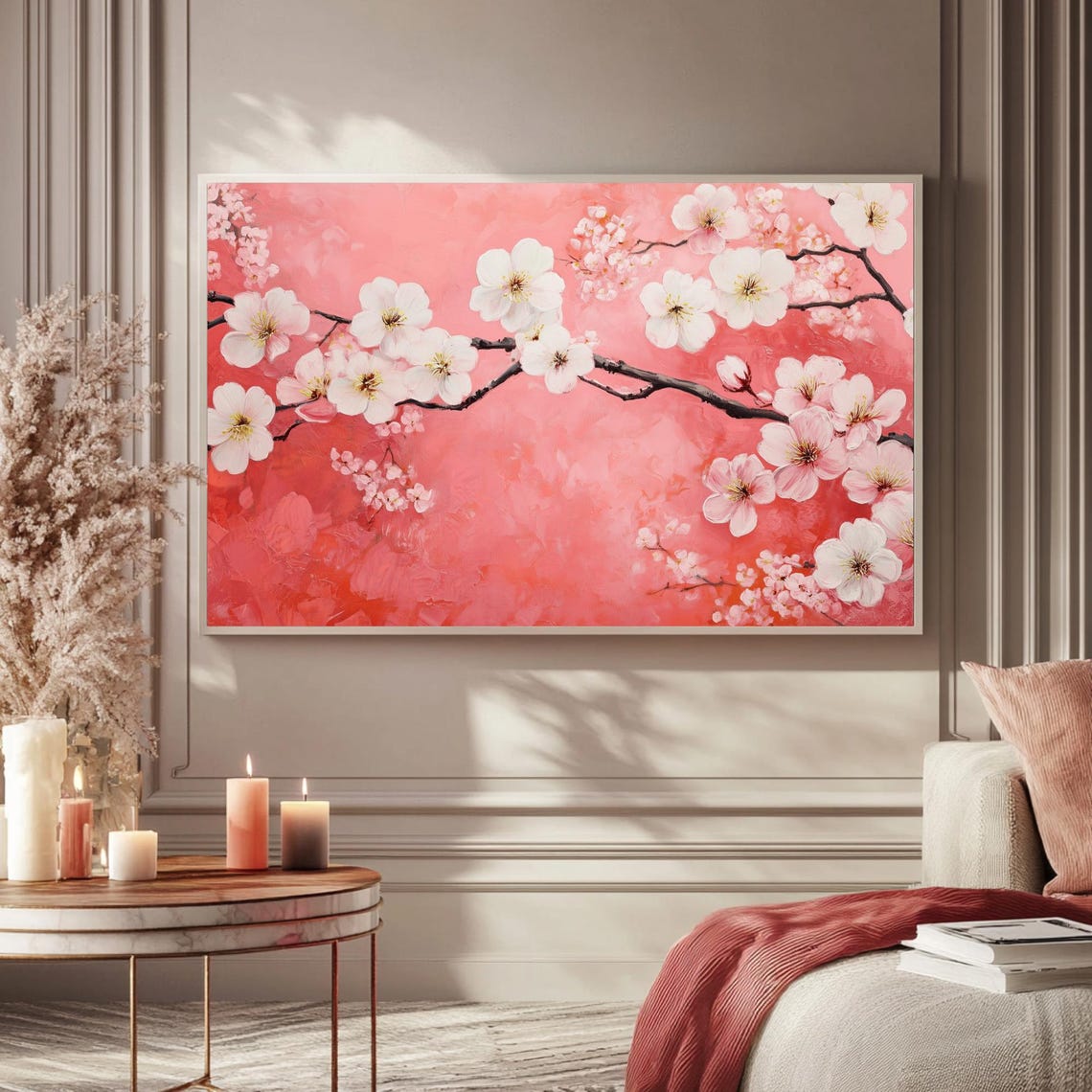 White Cherry Blossoms Coral Pink Spring Floral Art Frame TV Poster - Image 5