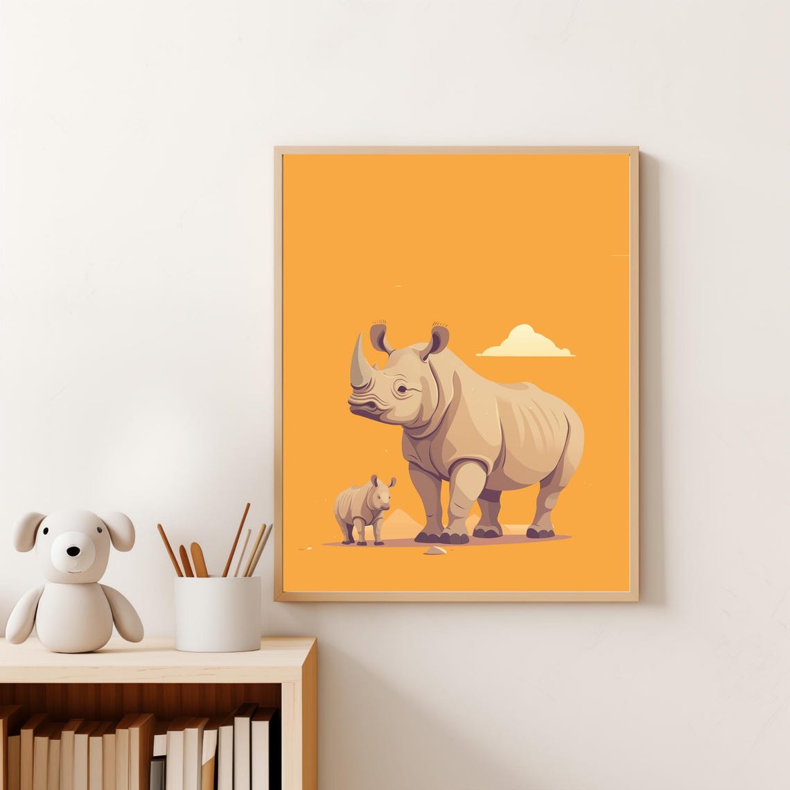 Mommy And Baby Rhino Standing Sunset Orange Nursery Wall Art Poster