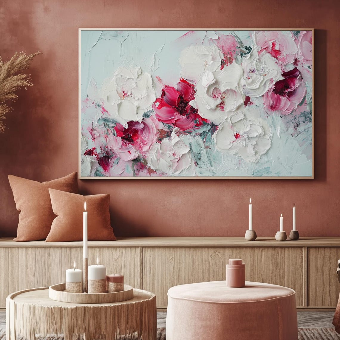 White And Pink Peony Impasto Painting Frame TV Floral Wall Art - Image 2