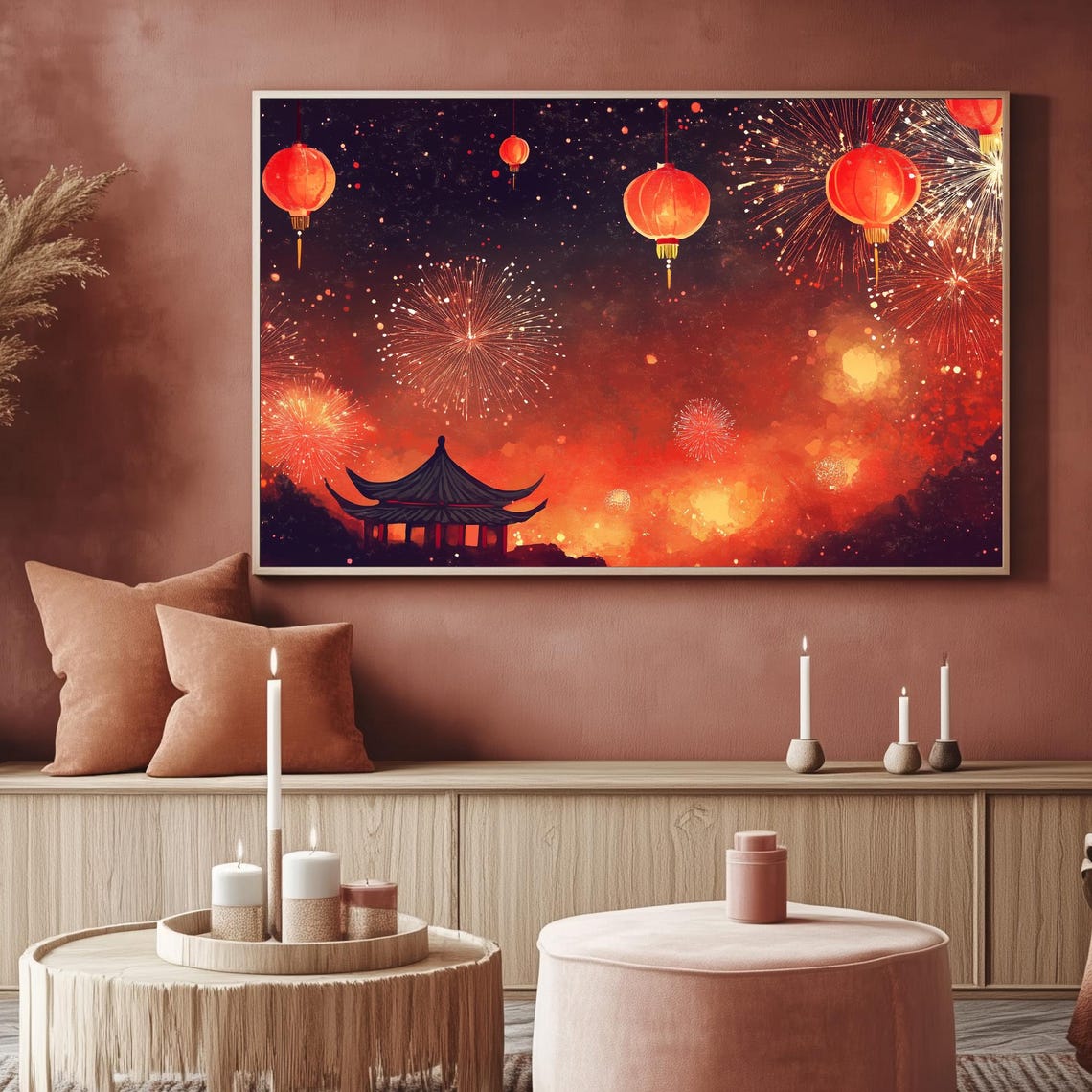 Fireworks Red Lanterns Pagoda Lunar New Year Night Art TV Poster - Image 2