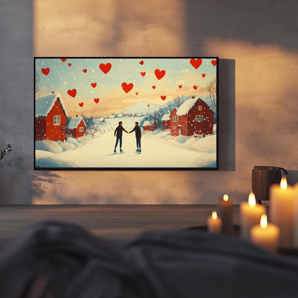 Gay Couple Ice Skating Hand In Hand Snowy Hearts Wall Art Poster - Image 3