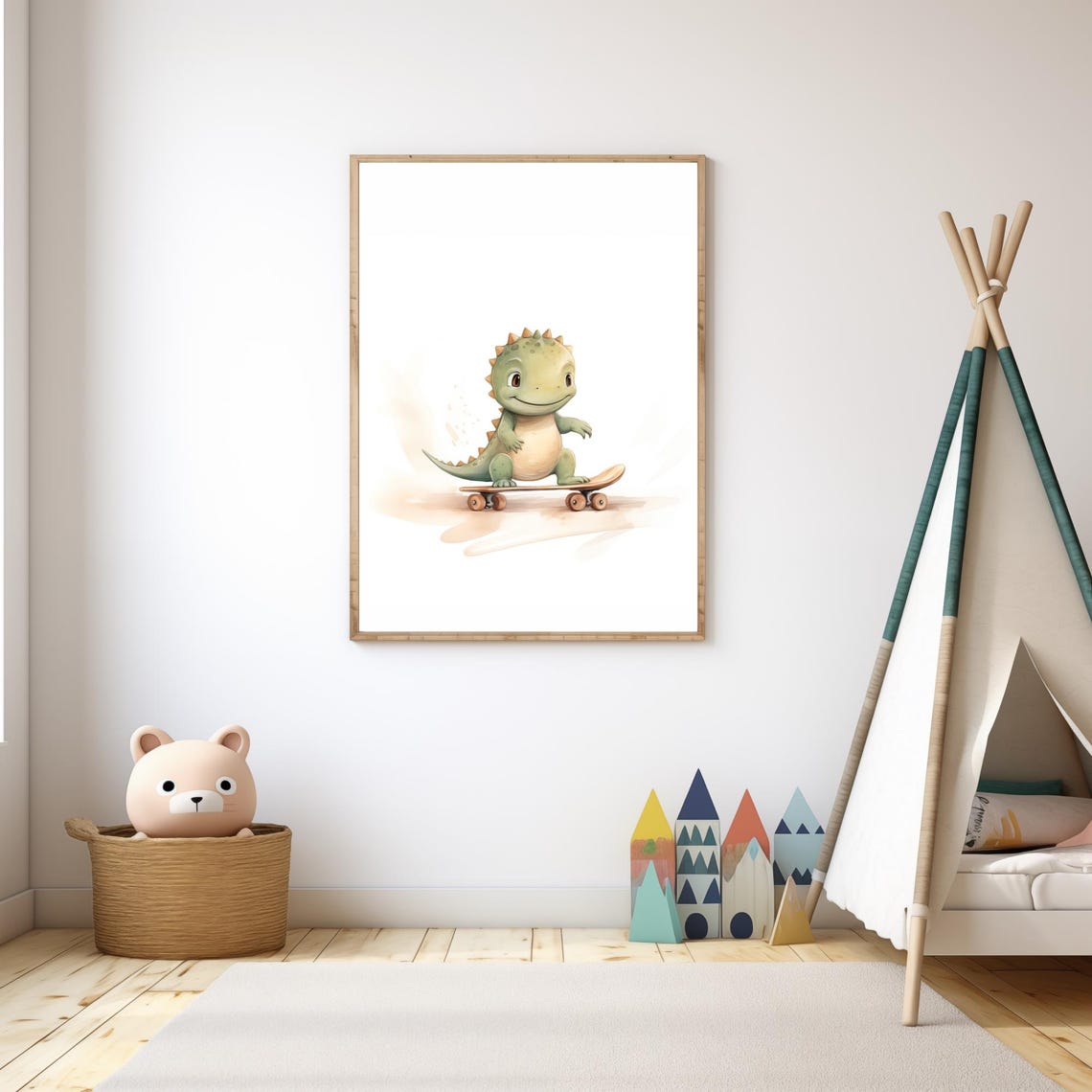 Happy Baby Dinosaur Skateboard Green Watercolor Nursery Wall Poster - Image 3